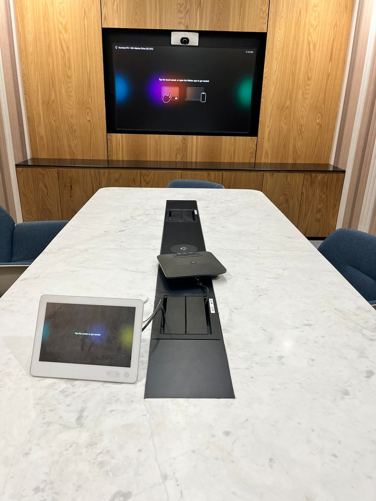 Large conference space with twin displays and overhead speakers
